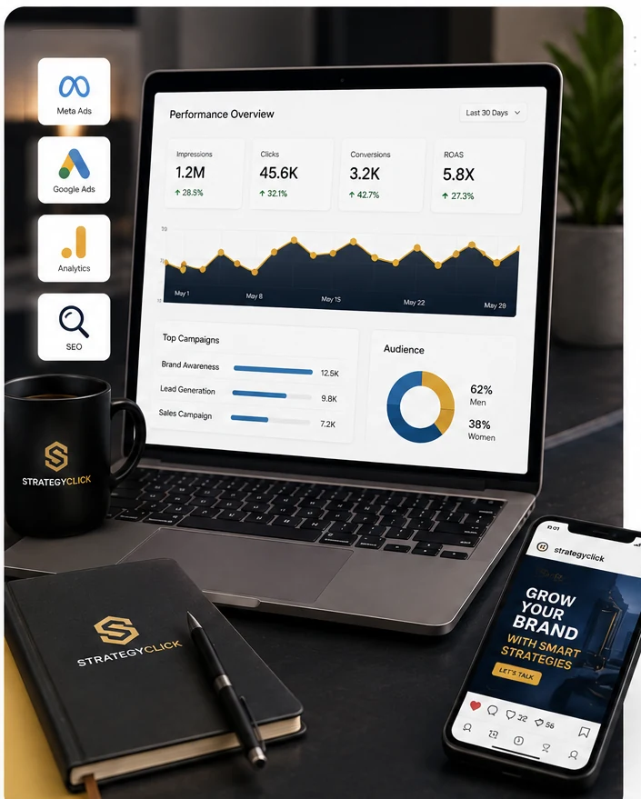 Digital marketing workspace with analytics dashboard and mobile campaign preview